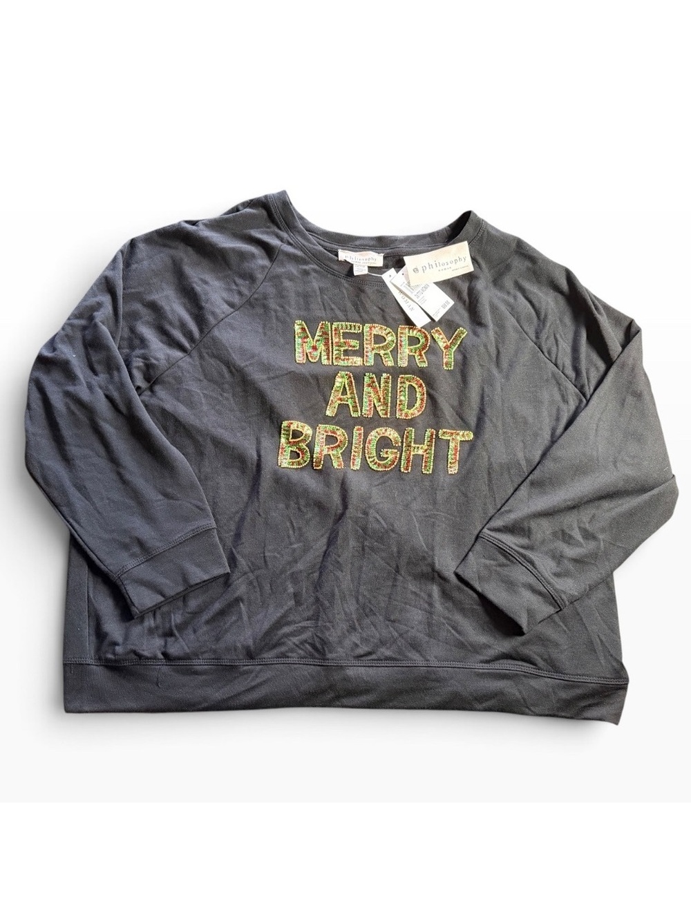 PHILOSOPHY women’s black festive holiday sequin beaded Merry & Bright sweatshirt
